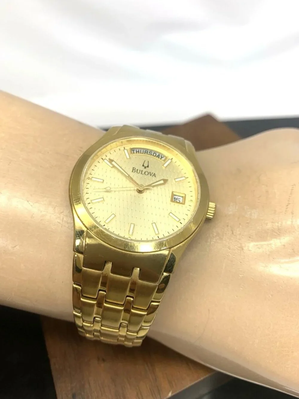 Bulova Men's Watch 97C48 Quartz Gold Dial Day Date Stainless Steel 36mm